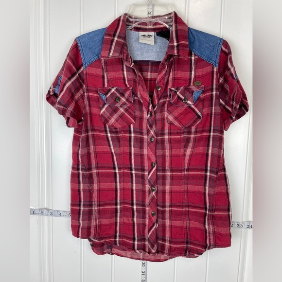 Plaid Button-Up Shirt with Denim Accents - Picture 1 of 8